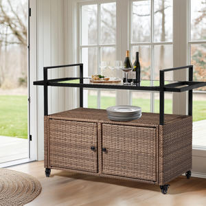 DB extérieur grand chariot de bar en osier table de service de buffet à roues avec dessus en verre armoire de rangement îlot meubles roulants - Product Image 4
