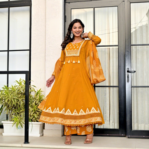Women's Mustard Cotton <b>Kurta</b> With Pant And Dupatta Set Loose Fit Floor Length Traditional <b>Indian</b> Pakistani Style Casual Wear - Product Image 1