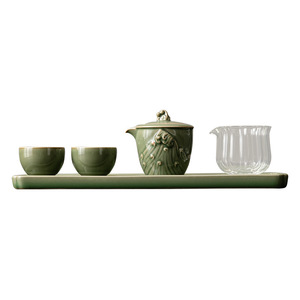 Service à thé Kung Fu en céramique avec théière, deux tasses et tasse de partage, glaçure verte, nouveau style chinois, pour la maison, le bureau ou les maisons d'hôtes. - Product Image 5