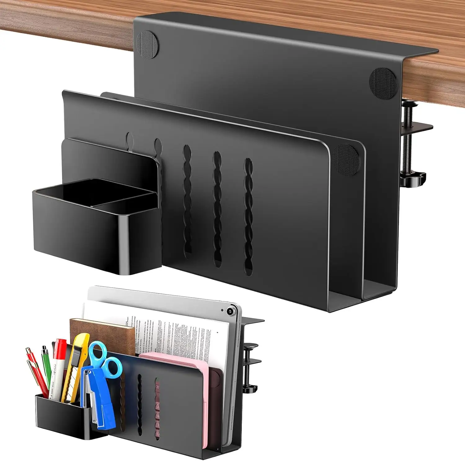 Steel Hanging No Drill 2 Tier Desk Organizer Cable Management Tray Laptop Holder for File Wire