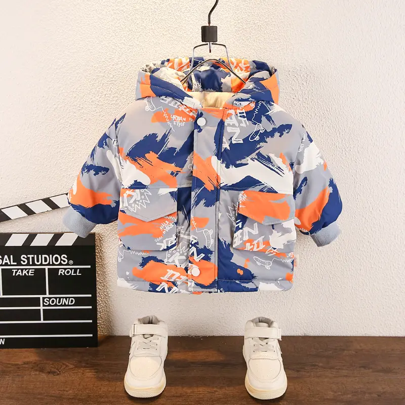 Vestes Camouflage à capuche pour enfants, manteau en peluche épais avec fermeture éclair, petits garçons, nouvelle collection hiver