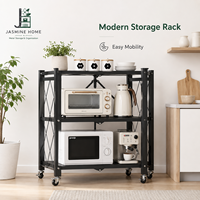 Étagère de rangement multifonctionnelle pour micro-ondes, robuste, pliable, à trois niveaux, en acier au carbone, à poser au sol, avec roulettes, pour la cuisine