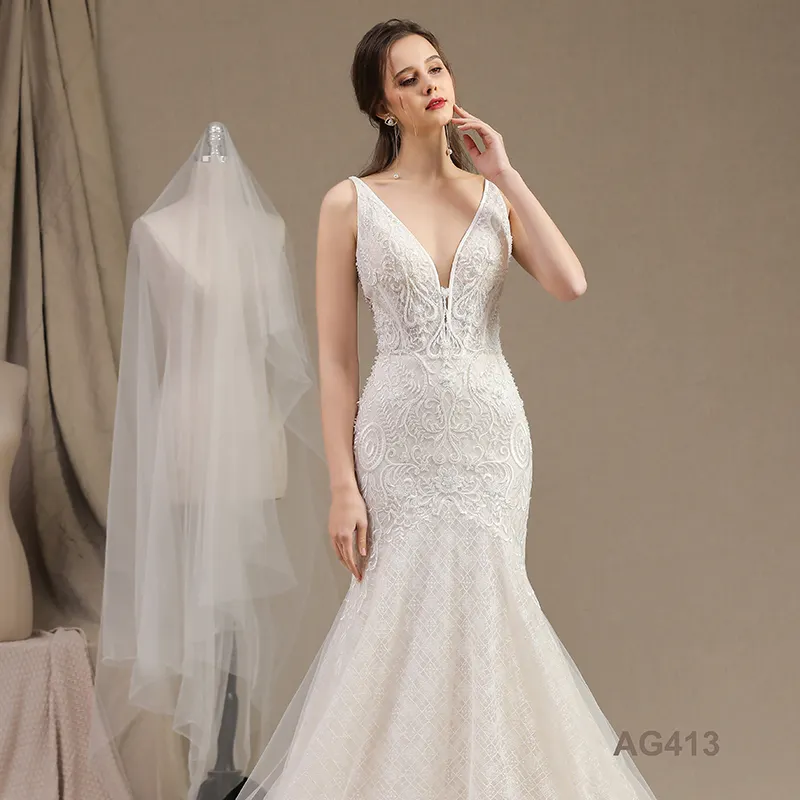 New v - collar mermaid lace wedding gown temperament simple bridal gown