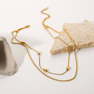 Simple 18K chapado en oro pequeño cubo collar femenino de acero inoxidable de doble capa ovalada bola cuentas cadena gargantilla collar - Product Image 5