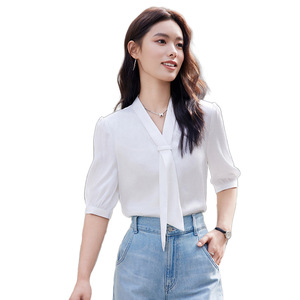 Women's <b>White</b> Chiffon Shirt V-Neck Three Quarter Sleeve <b>Wrap</b> Tie Commuter Top Spring Summer 2024 - Product Image 5