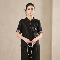 Bestseller Xiang Yun Zijden Top 100% Moerbeizijde Chinese stijl Vintage T-shirt met korte mouwen Soft Touch Gambiered Canton Zijde