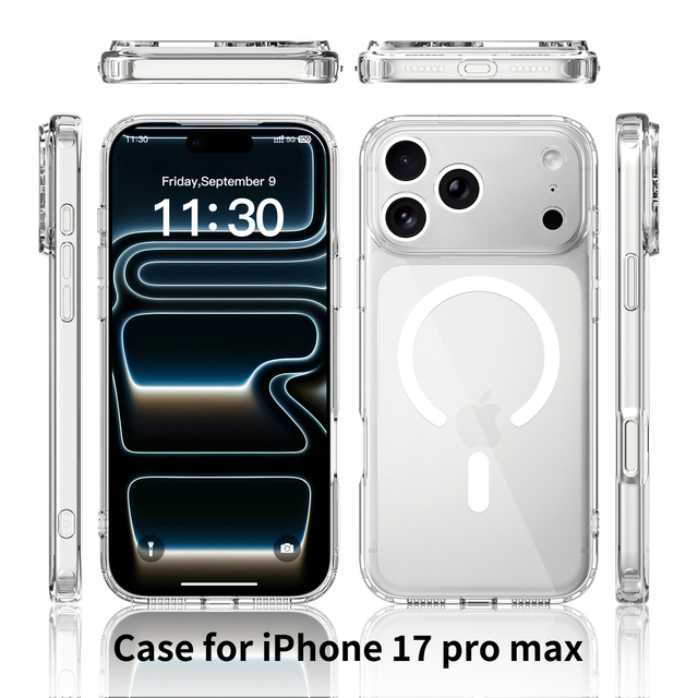 Hot Selling Strong Magnetic Case for iPhone 17 Pro Anti Yellowing Clear Full Shockproof Case with Metal Ring Factory Wholesale