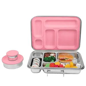 Aohea SS304不锈钢餐具午餐盒，用于学校5格便当盒，带汤罐