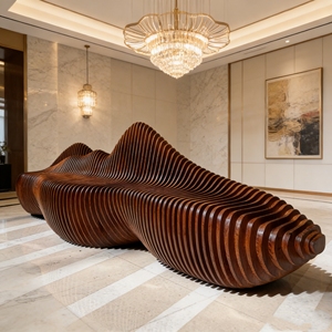 Y713 Customizable Wooden Slice <b>Bench</b> Artistic Custom Form Commercial Seating for Mall Corridor Airport Waiting Area Design - Product Image 3
