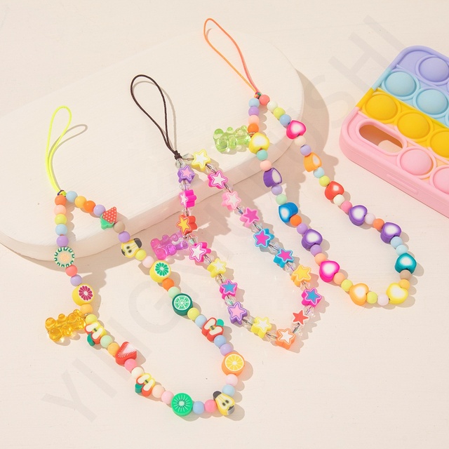 Cartoon Cute Candy Acrylic Resin Keychain Charm Beaded Strap Star Heart Fruit Bracelet Phone Chains Teddy Gummy Bear Key Chain