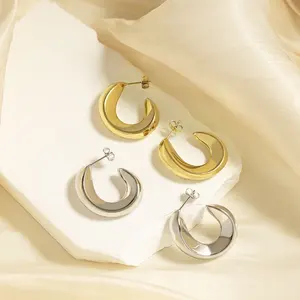 High Quality PVD 18K Gold Plated Stainless Steel C Shape Hollow Stud Earrings For Women