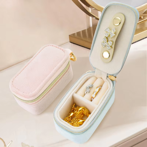 Candy Color Mini Velvet Jewelry Box with Keychain Zipper Organizer for Travel <b>Rings</b> and Earrings - Product Image 3