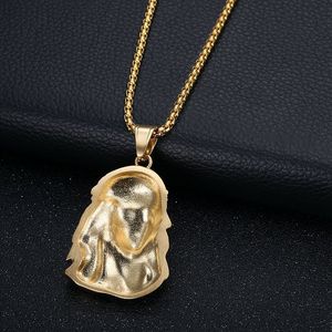 yunnique <b>Titanium</b> Steel Gold Jesus Face Pendant Necklace 3mm <b>Chain</b> 60cm Unisex Hip Hop Jewelry Gift - Product Image 3