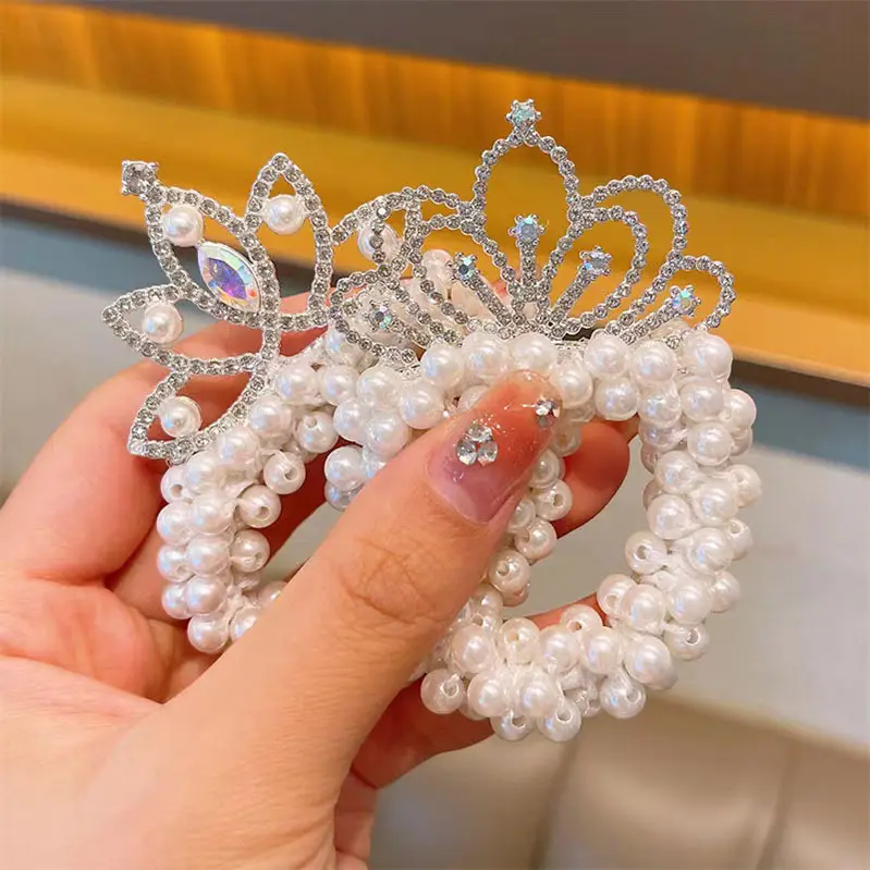 Diadema de corona de princesa estéreo coreana, banda para el pelo de perlas, banda de cuero, red de pelo de albóndiga para niña pequeña, cubierta de cuero rojo