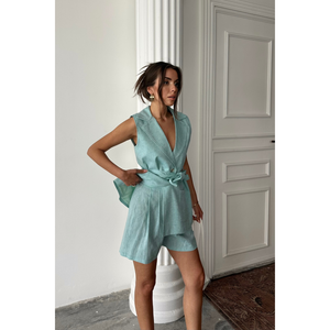 Conjunto de chaleco y pantalones cortos de lino color menta, conjunto informal sin mangas para mujer, talla S - Product Image 3