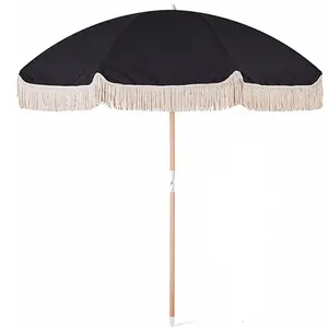 Hochwertiger individuell bedruckter Leinwand Strand-Regenschirm 12k Paneele Stickerei Stoff Klappfunktion mit Hartholzstange