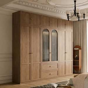 Custom Wooden <b>Wardrobe</b> Bedroom Set Classic Panel Design With Arched Glass <b>Doors</b> & Brass Hardware Integrated Storage - Product Image 1