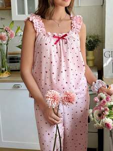 Conjunto de Pijama sin Mangas para Mujer con Volantes y Tirantes, de Algodón Modal, Estampado de Corazones Rosas, Ropa de Dormir Suave con Dobladillo con Volantes - Product Image 2