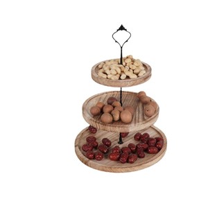 Soporte de madera para postres de 3 niveles, bandeja redonda de madera maciza para exhibir pasteles en fiestas de té, ecológico, solo lavar a mano. - Product Image 3