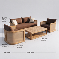 Ensemble de canapé et table basse d'extérieur en rotin avec structure en teck imperméable, mobilier de jardin moderne et de loisirs pour hôtels et villas