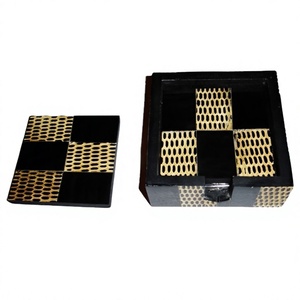 American Style Wood and Resin Square Shape Brown and Black Color With Holder <b>Coasters</b> <b>Set</b> Table Decorating Used at Hot Selling - Product Image 1