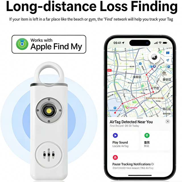Apple Find My Compatible Anti-Lost Locator & 130dB Self-Defense Alarm | Portable Safety Alarm for Women