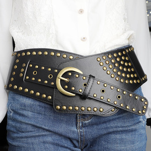 <span class=keywords><strong>Ceinture</strong></span> large vintage pour femme, <span class=keywords><strong>ceinture</strong></span> élastique à clous, <span class=keywords><strong>ceinture</strong></span> extensible avec rivets, <span class=keywords><strong>boucle</strong></span> en métal - Product Image 3