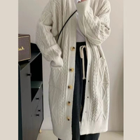 Lady Fashion Open Chest Long Sweater Coat Col en V Manches chauve-souris Casual Cable Knit Automne Saison Patchwork Pattern Front Logo