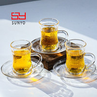 Taza de Café de Vidrio Transparente Estilo Turco SUNYO, Taza de Vidrio para Latte con Platillo, Resistente al Calor, Estilo Elegante, Venta al por Mayor