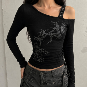 Retro Print Asymmetric <b>Off</b> <b>Shoulder</b> <b>Knit</b> <b>Top</b>, Long Sleeve Women's T Shirt, Y2K Vintage Casual Streetwear Fashion Style - Product Image 1
