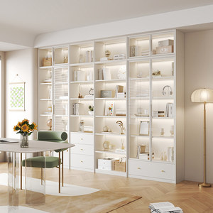 Custom <strong>Cream</strong> Style Full Wall Built-in <strong>Bookcase</strong> With LED Light Display Cabinet Living Room Floor Standing Storage Bookshelf - Product Image 3