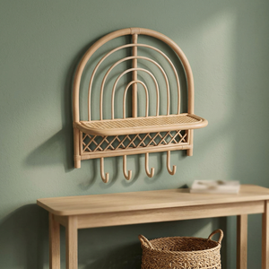 Rattan Wall <b>Shelf</b> With <b>Hooks</b> And Woven Seat Tropical Style Entryway Storage Rack - Product Image 4