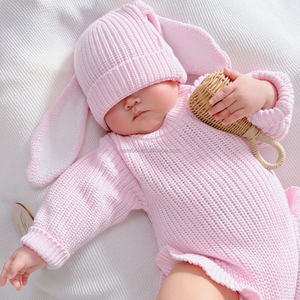 Bonnet en tricot fait main 100% coton en forme d'oreilles <span class=keywords><strong>de</strong></span> lapin, bonnet chaud pour le jour <span class=keywords><strong>de</strong></span> Pâques, bonnet en tricot pour nouveau-né, longues oreilles <span class=keywords><strong>de</strong></span> lapin avec cordon - Product Image 1