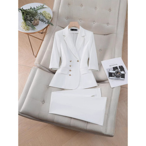 Women's Pink Three Quarter Sleeve Suit Set Blazer And Pants Two Piece Formal Workwear For Commute Spring Summer Autumn - Product Image 4