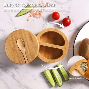 Bamboo Salt Box With Rotating Lid Divided Compartment <b>Kitchen</b> Spice Storage M Size Freshness Preservation - Product Image 2