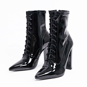 Bottines à lacets avant pour femme, bout pointu, talon épais, fermeture éclair latérale, grande taille 46 - Product Image 1