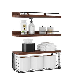 Estante de Pared de Madera con 3 Cestas de Almacenamiento de Alambre de Acero para Decoración del Hogar, Baño, Dormitorio, Sala de Estar, Cocina, Hecho de Material PP - Product Image 1