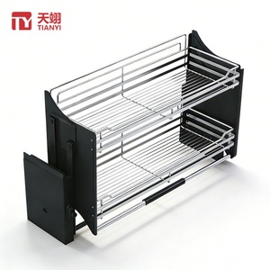 TIANYI Modern 2-Tier Flat Wire Pull Down <b>Shelf</b> Kitchen Upper Cabinet Lift Basket <b>Chrome</b> Plated Steel Elevator Storage Organizer - Product Image 2