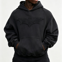 Sweat à capuche épais 420 g/m² en molleton bouclette, noir délavé, style streetwear, avec motif, épaules tombantes, coupe oversize pour homme