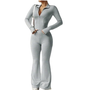 Combinaison de yoga pour femmes avec logo personnalisé, couleur unie, respirante, fermeture éclair, moulante, sexy, manches longues, deux pièces, fitness, sans couture, <span class=keywords><strong>XXL</strong></span> - Product Image 1