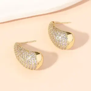 New Arrival Water Drop Earrings Fashion Jewelry Plated Simple Geometric Chunky Stud Earrings Gold Cubic Zirconia White 14K Brass