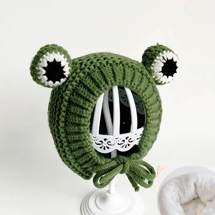 Niño bebé polar forrado lindo ganchillo Rana sombrero dibujos animados gran ojo Rana sombrero de punto niños Animal Rana invierno orejeras gorro