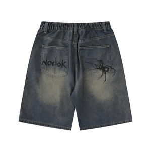HG319 Retro Vintage Woolen Hip Hop <b>Jeans</b> Shorts Heavyweight Paint Splatters Spider Logo Raw Hem Cut Edge <b>Elastic</b> <b>Waist</b> - Product Image 5