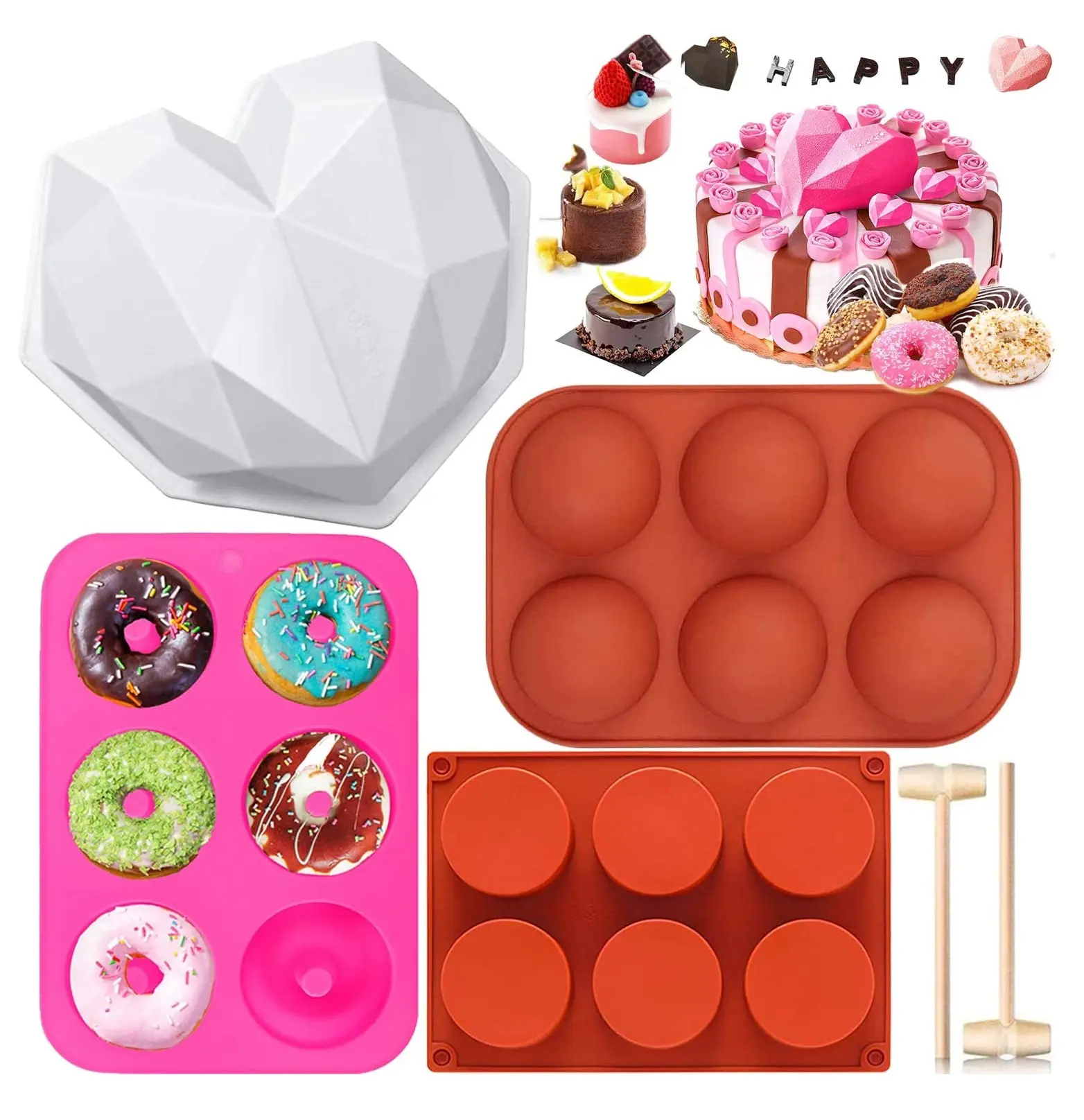 Kit de confeitaria de silicone, kit com diamante de coração de silicone para chocolate, com martelos, gotas e panela, para presente de aniversário e dia dos namorados