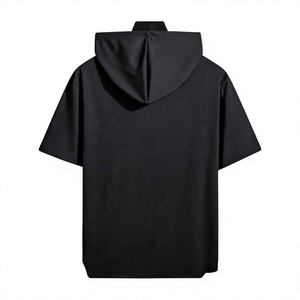 Men's Black Hooded Short Sleeve T-Shirt Oversized Cotton Jersey Casual Solid Front Logo Print Breathable Knitted - Product Image 2
