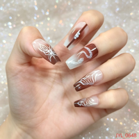 Vente en gros de faux ongles longs ovales dégradés marron nude faits à la main, en ABS, réutilisables, personnalisables OEM, marque privée