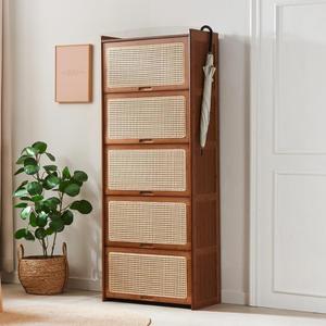 <b>Shoe</b> <b>Rack</b> Rattan Solid Wood 5 Drawer Dustproof Storage Cabinet Entryway Foyer Balcony Home Use - Product Image 1