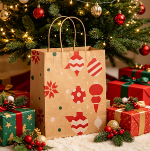 Sacs cadeaux de Noël en papier kraft brun écologiques, imprimés flocons de neige géométriques classiques, sacs fourre-tout pour le shopping, emballage cadeau - Product Image 6