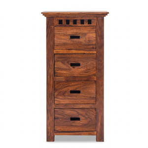 Commode haute en chêne massif de style mid-century moderne avec 4 tiroirs en acier et 3 options de finition, autoportante pour chambre à coucher, commode de luxe - Product Image 4
