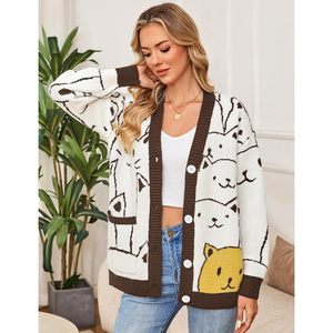 FOXA <b>Cat</b> Knit <b>Cardigan</b> Women Oversized Chunky Button Down Autumn Casual Kawaii Sweater With Cartoon Print Anti Pilling - Product Image 4